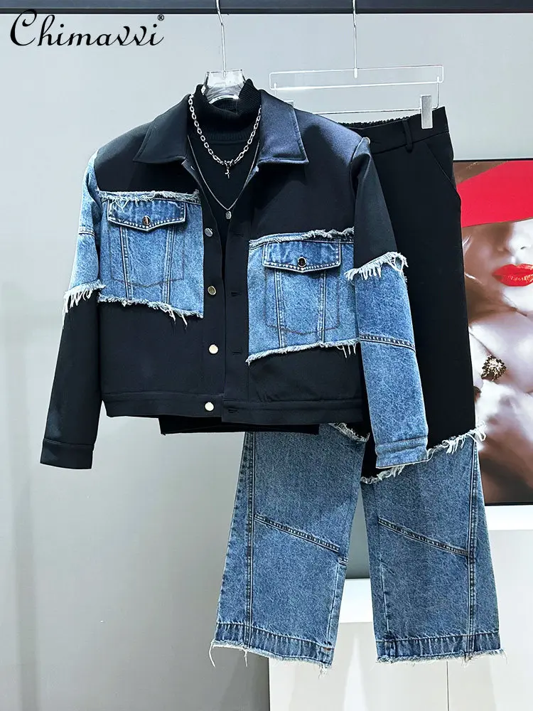 

Original Korean Style Fashion Casual Denim Spliced Single-Breasted Short Jacket High Waist Straight Pants Two-Piece Set for Men