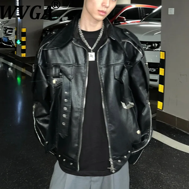 

WVGA Spring Autumn New Men Tide American Style Padded Shoulder Leather Turn-Down Collar Jacket Niche Chic Casual Coat Ins W16425