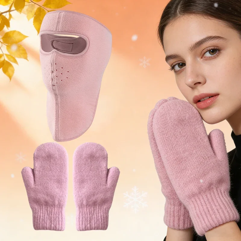 Fahrradmasken-Handschuhe, winddicht und warm im Winter, Strickhandschuhe, Gesichtsschutz, verdickte Frostschutz- und atmungsaktive Damenmaske
