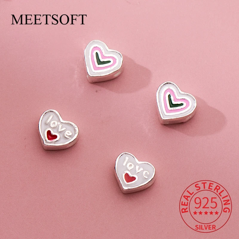 MEETSOFT 925 Silver Drip Glue Love Heart Separated Beads DIY Handmade Rope Material Accessories