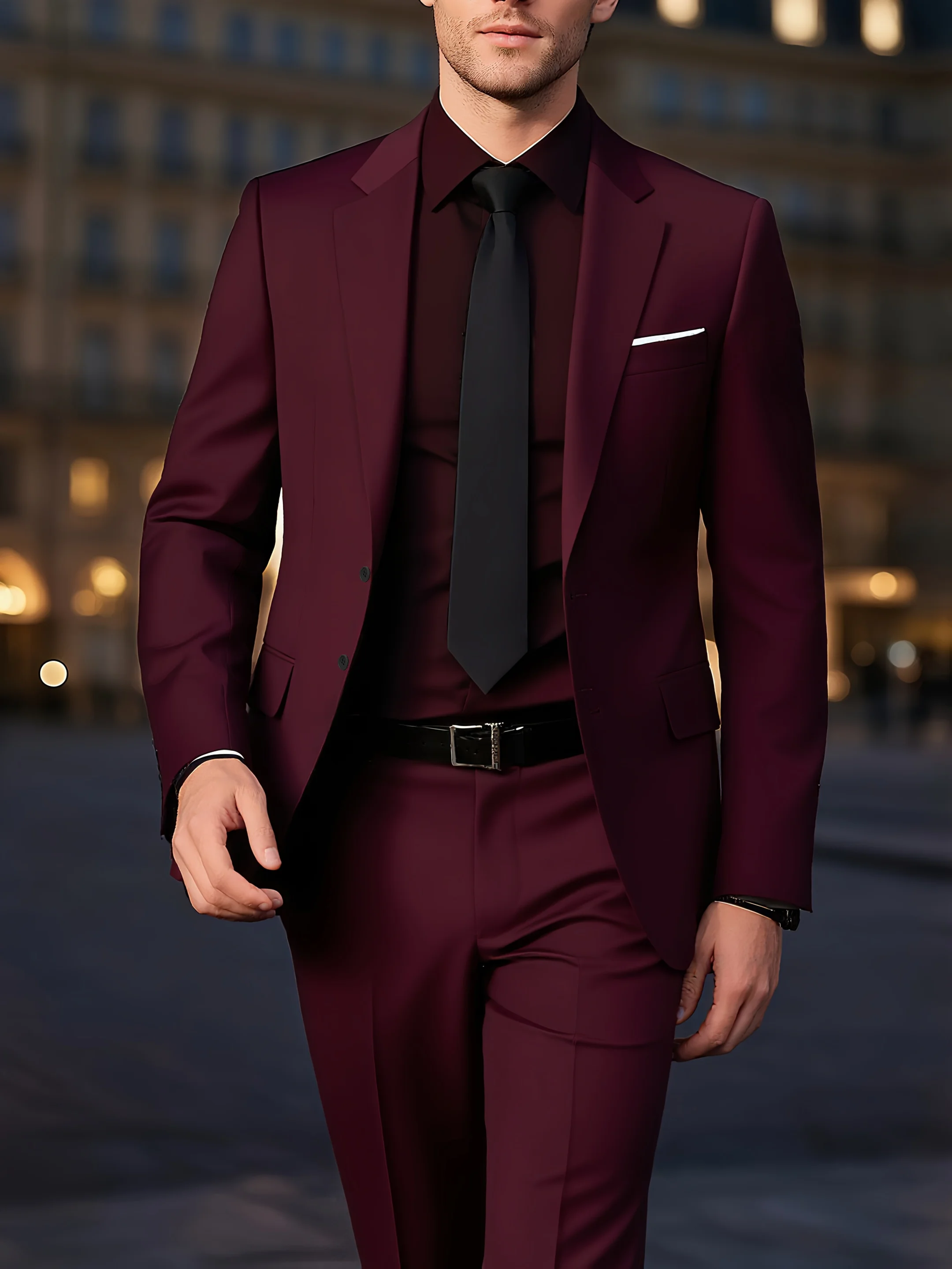 Men's Burgundy 2-Piece Suit Set (Blazer + Trousers Only, No Vest Included),Slim Fit Formal Business Wedding Party Jacket & Pants - Image 4