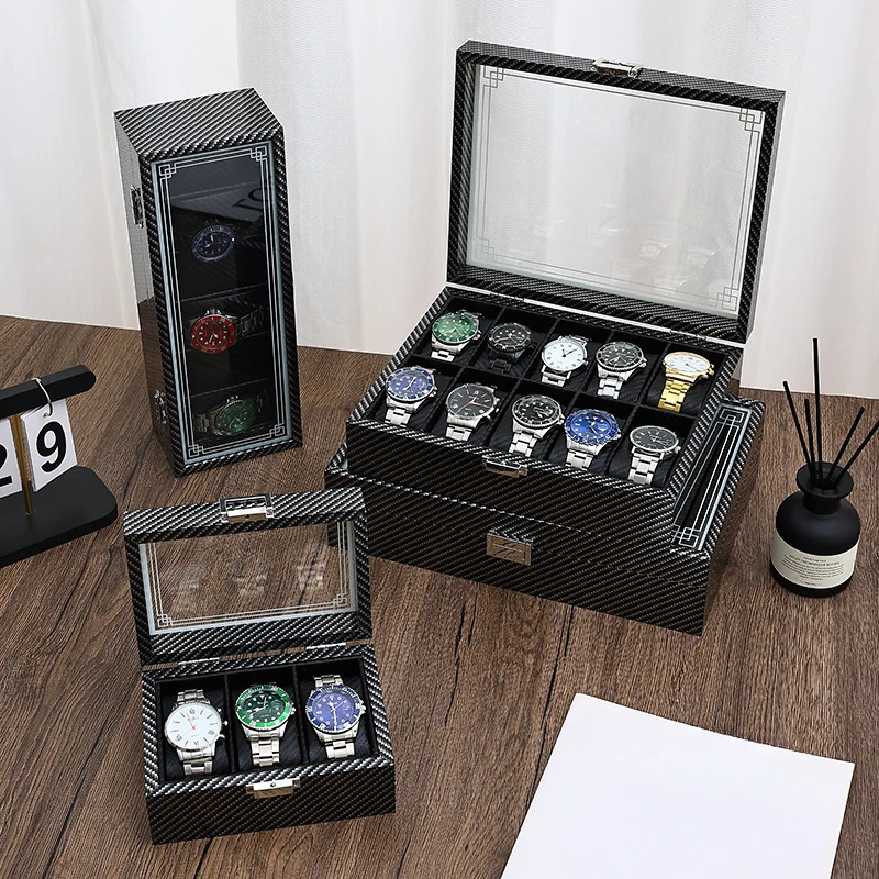 High-end luxury 3/6/10/12 Slots Watch Organizer Storage Box Travel Watches Carbon Fiber Display Multi-Purpose Box Watch Display