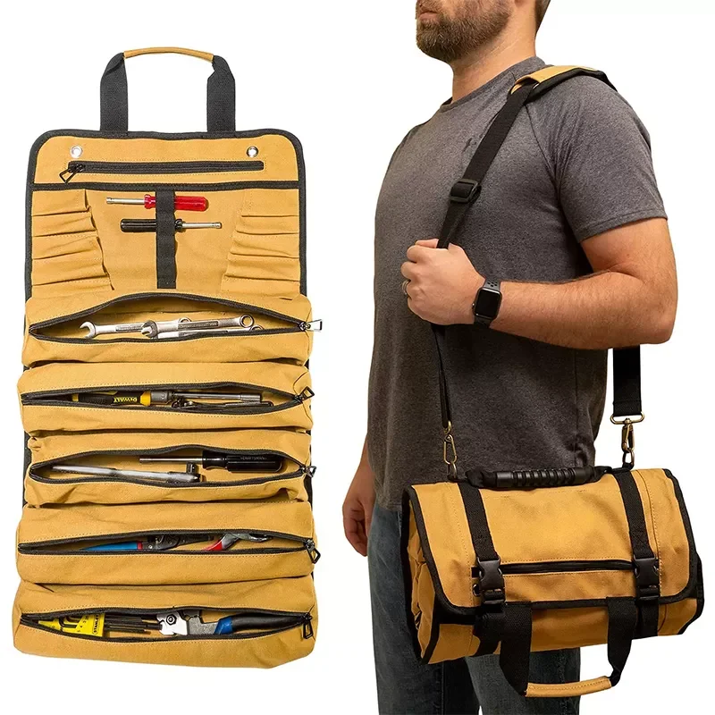 

Multi Pockets Easy Carrying Garden Tool Kit Heavy Duty Canvas Roll Up Bags Rolling Tool Bag Organizer Electrician