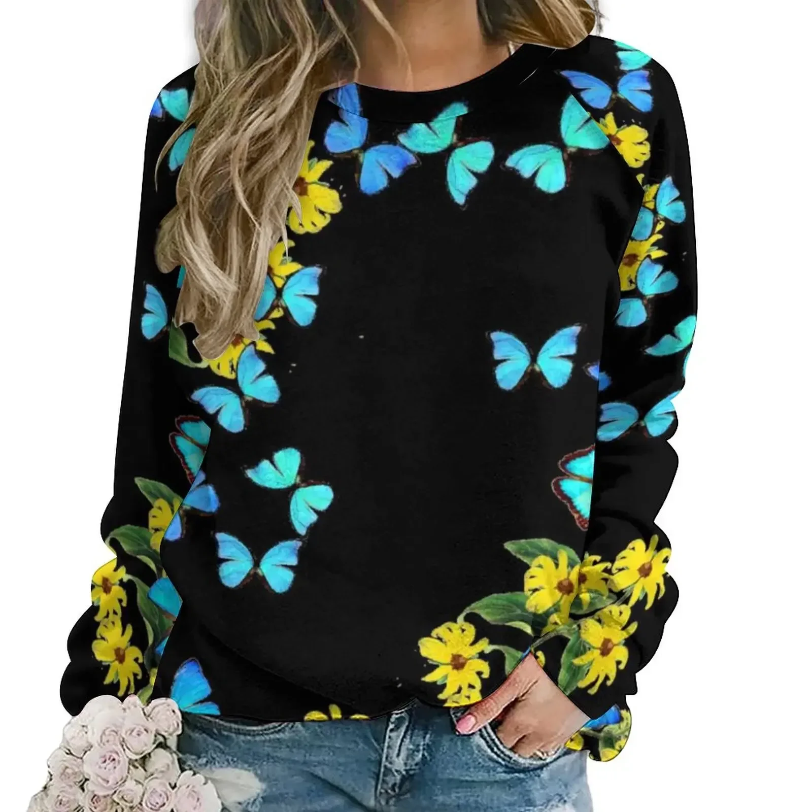 

Morpho Butterfly Floral Hoodies Female Blue Butterflies Vintage Fashion Casual Hoodie Long Sleeve Y2k Design Top Big Size 3XL