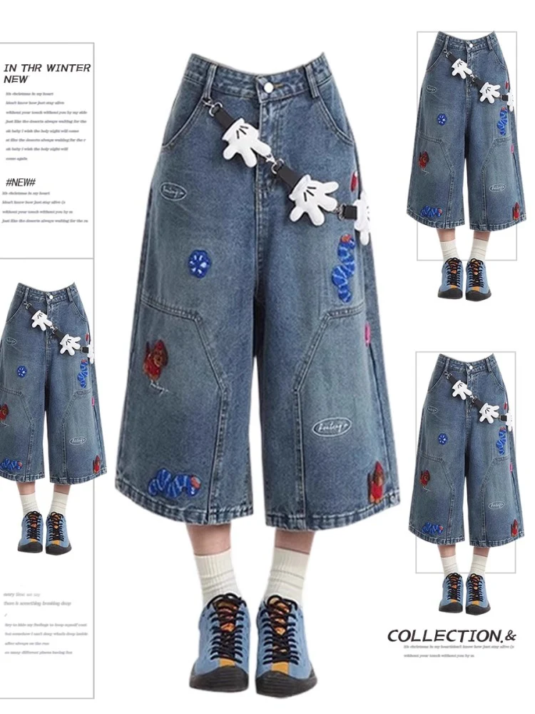 

Retro American Embroidered Denim orts Women's Summer High Waist Loose Wide Leg 7/8 Length Casual Blue Jeans Pants