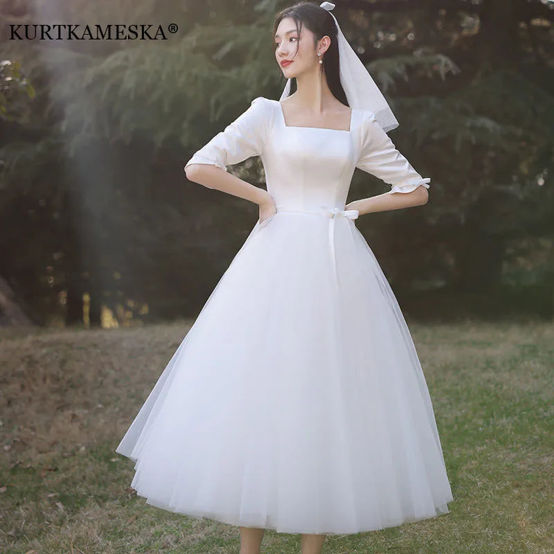 White Satin Wedding Dresses for Women Bride Formal Evening Elegant Mesh French Simple Hepburn Style Super Fairy Summer Dress