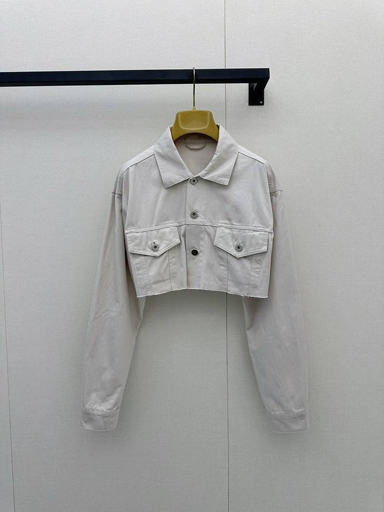 Spring Summer Fashion White Short Style Casual Cowboy Jacket Women's Turn-down Collar Button Pocket Long Sleeve Slim Jackets
