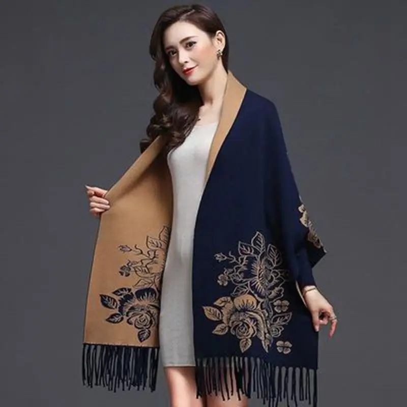 New cashmere tassel poncho shawl dual-purpose scarf women knitted sweater top retro cheongsam cloak cape coat outside clothing