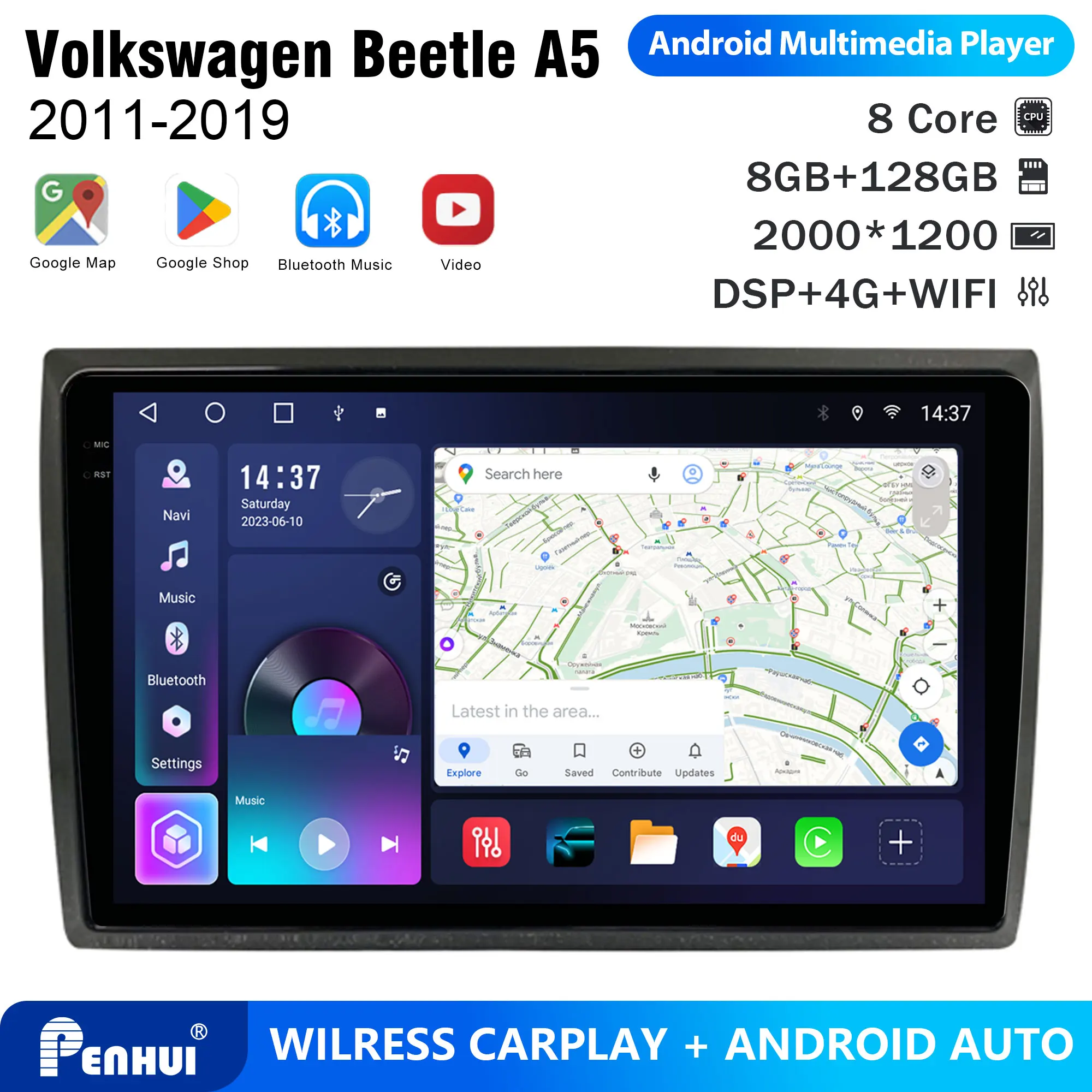 Penhui Android Car DVD Player 2 Din for Volkswagen VW Beetle A5 2011-2019 Multimedia Screen with DSP, Bluetooth, Audio & CarPlay