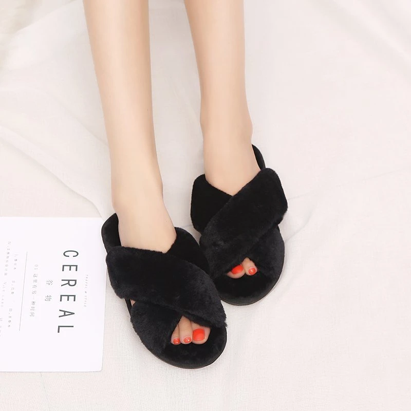 2024 Winter Women Home Indoor Casual Slippers Female Flip Flops Fluffy Shoes Cross Design Slides Ladies Soft Warm Plush Slipper