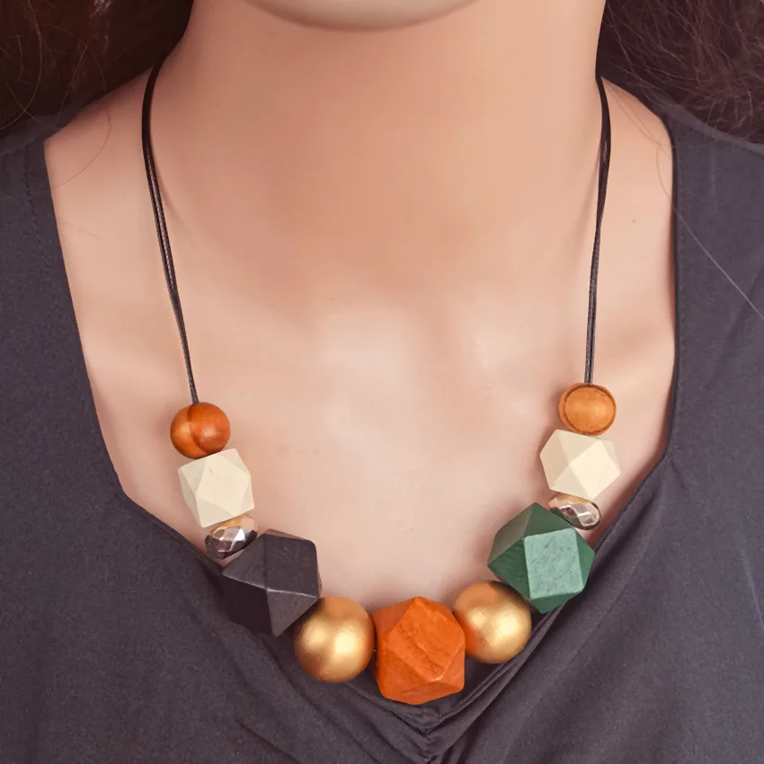 Octagonal Bead Necklaces Wooden Retro DIY Women's Handmade Bead Pendants Necklace Jewelry Party Gift