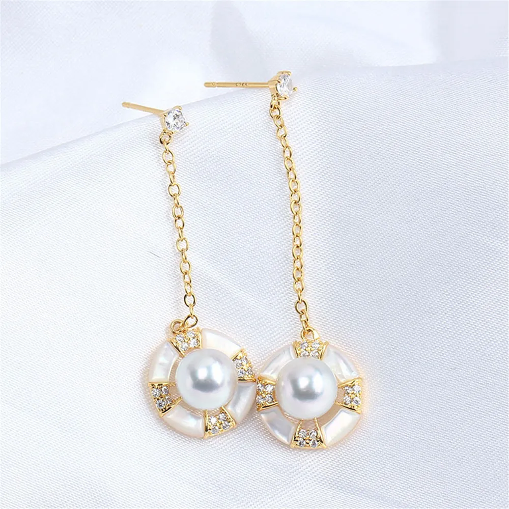 

Domestic 14k Gold-injected Color-preserving Disc Fritillaria Micro-inlaid Zircon Pearl Earrings DIY Accessories Temperament