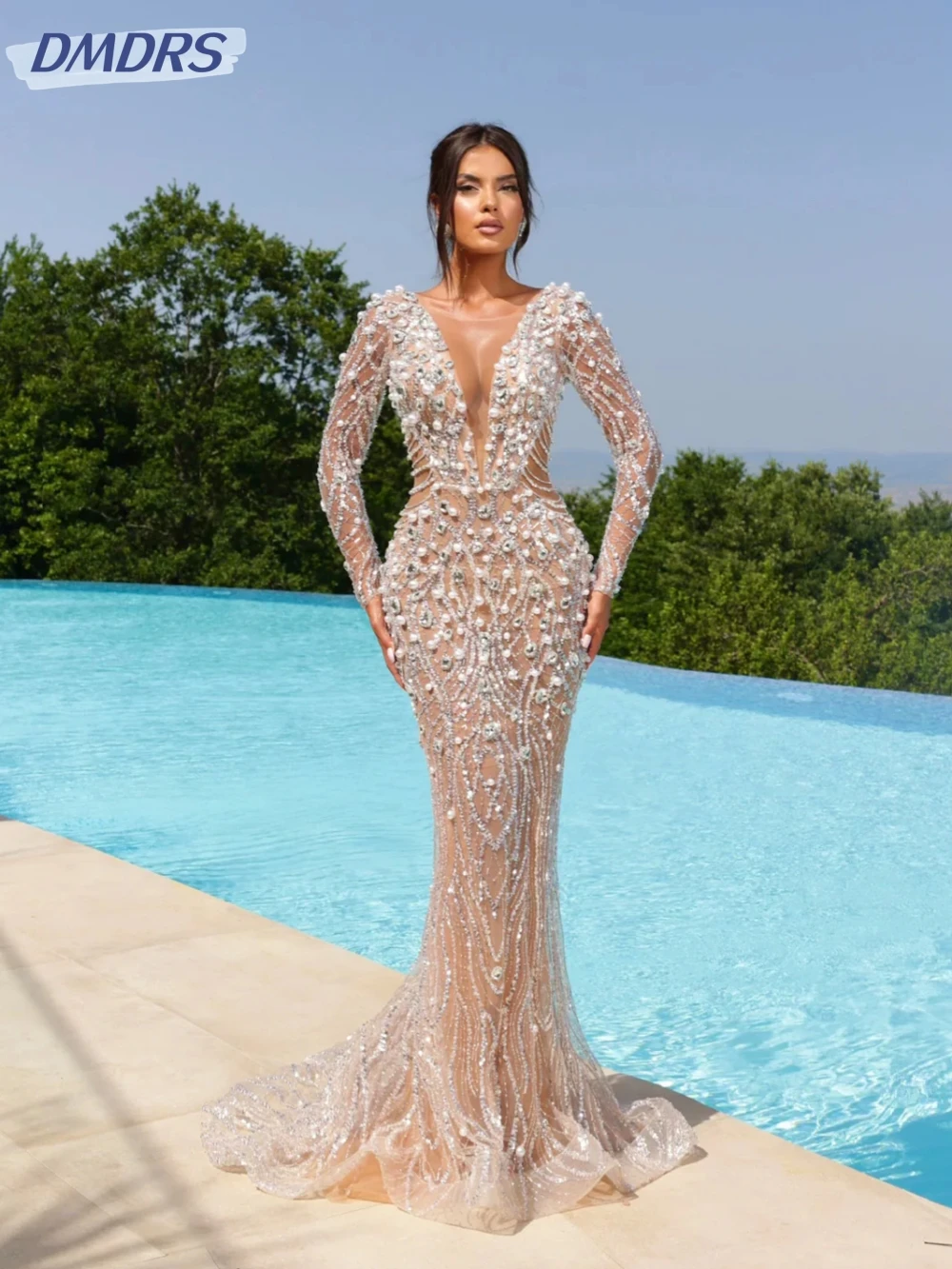 

Gorgeous Pearls Crystal Evening Dress Illusion Deep V-neck Mermaid Wedding Party Gown New Customized Long Sleeve Prom Dresses