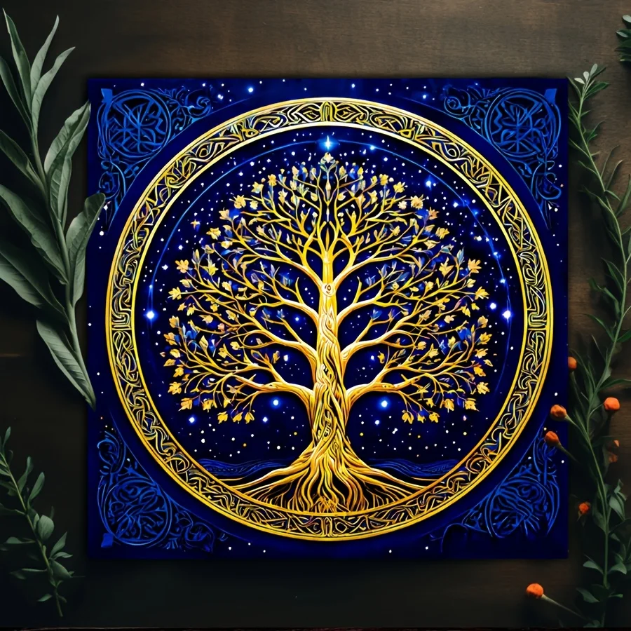 1pc Mysterious Tree of Life Square Tablecloth, Golden Tree & Blue‑Golden Mandala Pattern, Intricate Design, Halloween Home Decor