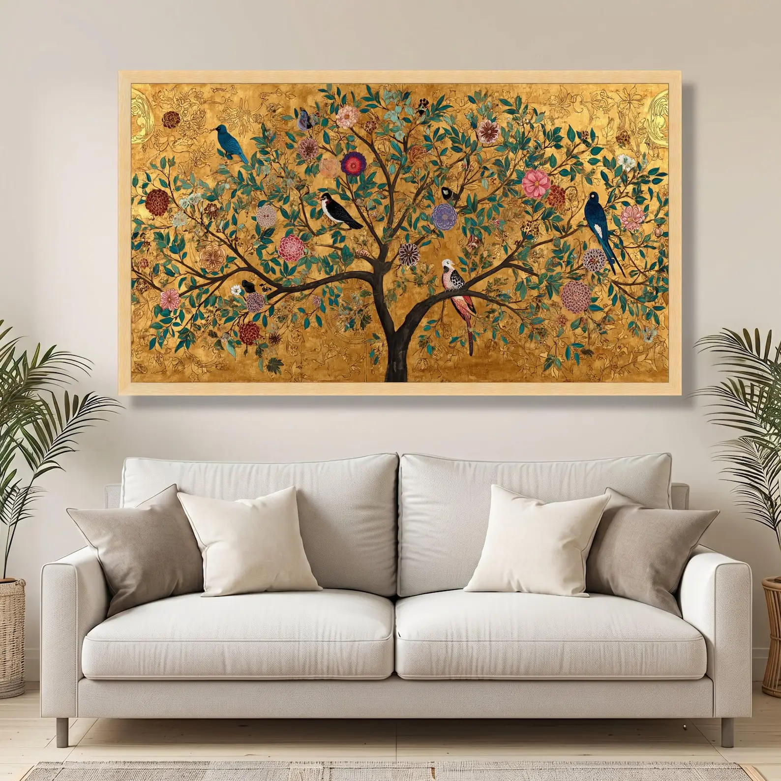 2D/Flat Retro Tree of Life Canvas Prints -  Unframed Abstract Floral Gold Leaf Canvas Wall Art for Elegant Living Room Decortion