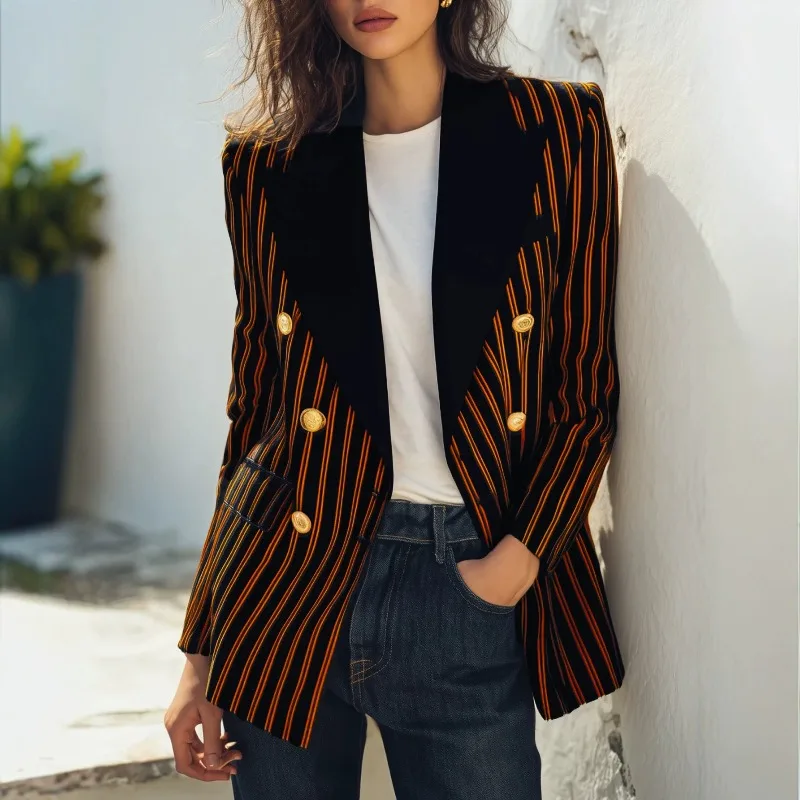 women 's Autumn winter new shoulder suit with vertical stripes light luxury gold buckle design sense casual versatile jacket