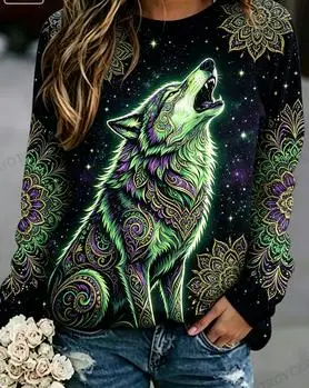 Women Long Sleeve Sweatshirt Bohemian Mandala Wolf Print Crew Neck Casual Loose Pullover Ladies Autumn Daily Wear Tops