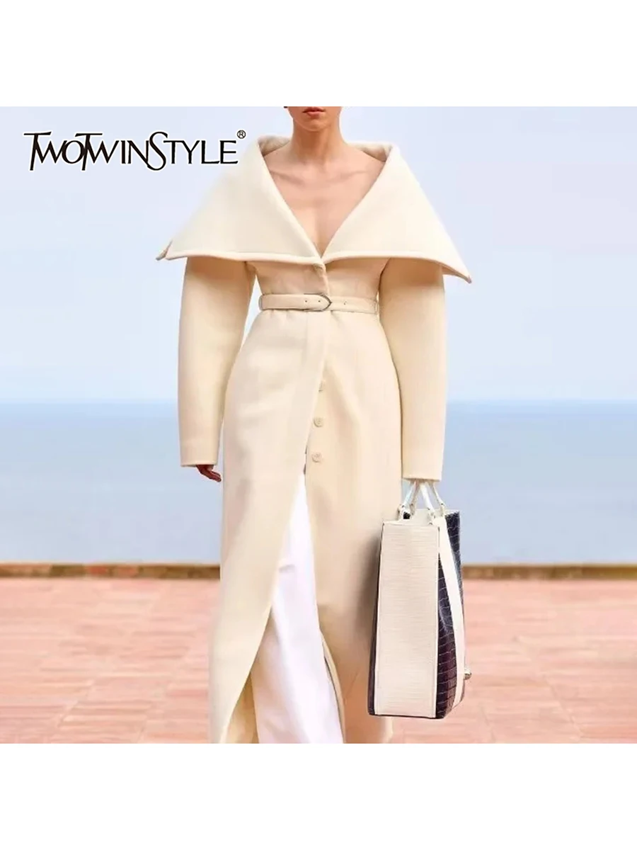 

TWOTWINSTYLE Minimalist High End Coat for Women Lapel Long Sleeve Spliced Belt Slim Temperament Wool Coat Female Autumn Style