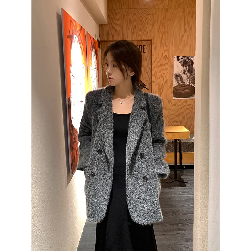 

Женский шерстяной пиджак свободного кроя в корейском стиле, осенне-зимнее пальто с пуговицами, утепленное