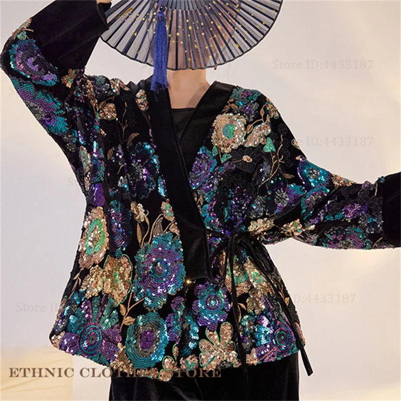 

Luxury Traditional Japanese Kimono Cardigan Yukata Haori Exquisite Embroidered Flower Sequins Hanfu Tops Costume Ethnic Jacket