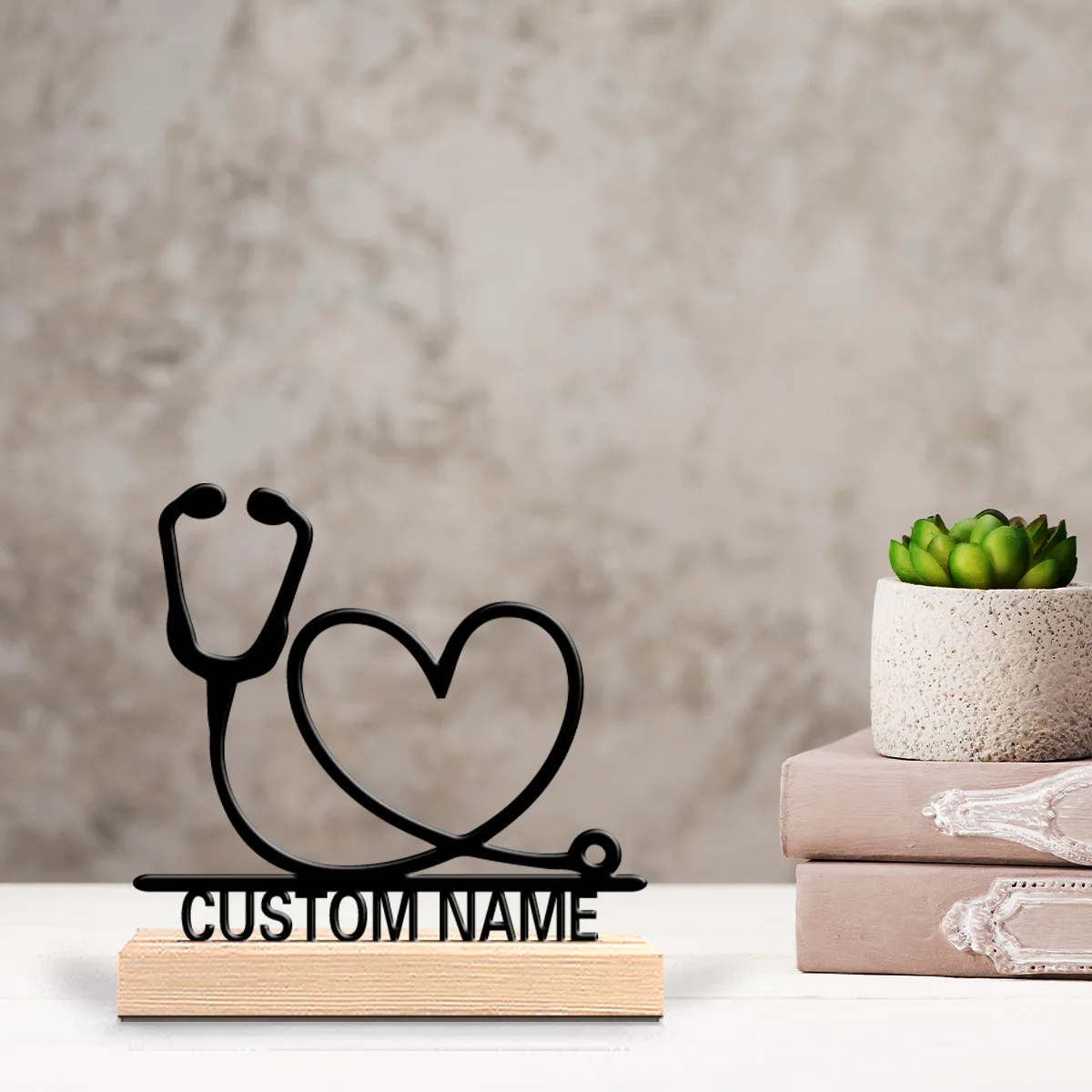 1pc Heartfelt Stethoscope Personalized Text Metal Statue Art Crafts With Wood Base Tin Ornament With Wood Base Office Desk