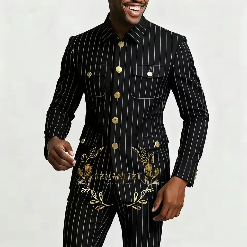 بدلة رجالية سوداء مقلمة مكونة من قطعتين بدلة كلاسيكية ضيقة وسترة سهرة وسراويل غير رسمية بياقة واقفة لحفلات الزفاف وحفلات التخرج