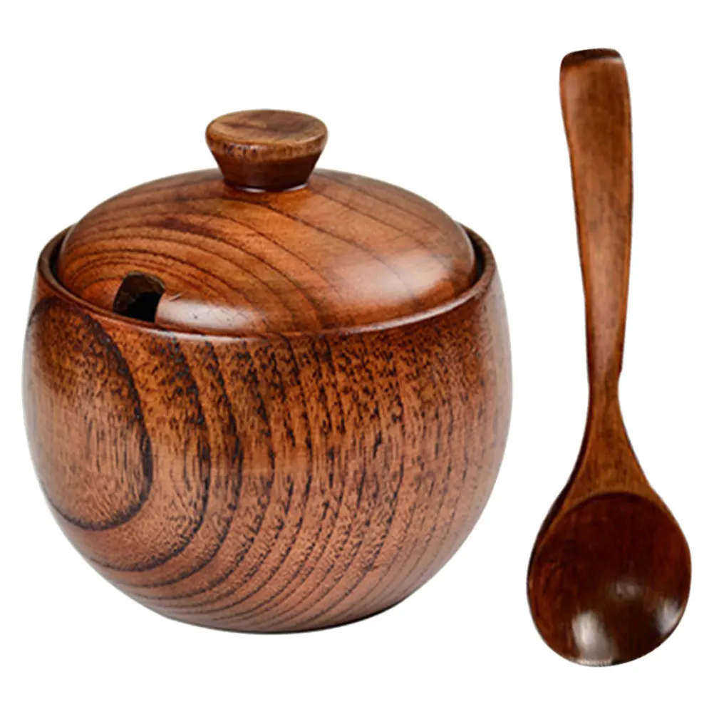 

Wooden Seasoning Jar Spice Canister Salt Sugar Storage Bowl Vintage Design Tight Wooden Spoon Included Porcelain
