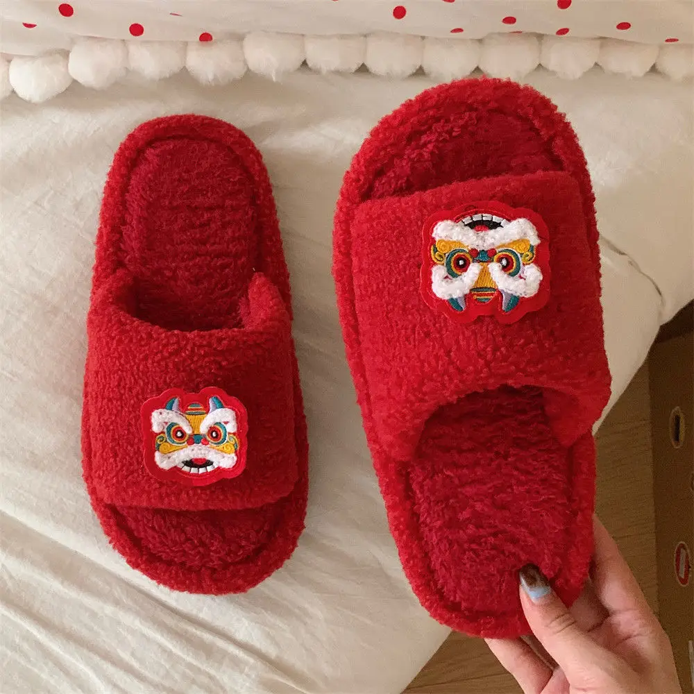 Autumn Winter Anti-slip Couple Home Cotton Slippers New Year Chinese Style Black Girl Heart Cute Waking Lion Slippers