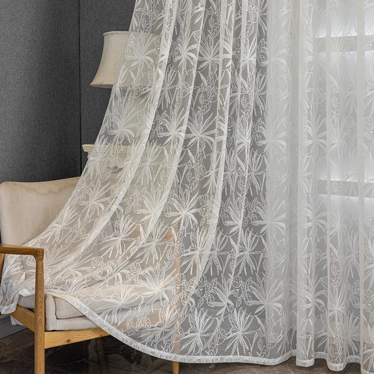 

Modern Light Luxury American Maple Leaf Jacquard White Lace Curtain Living Room Balcony Bedroom Curtain White Screen Curtain
