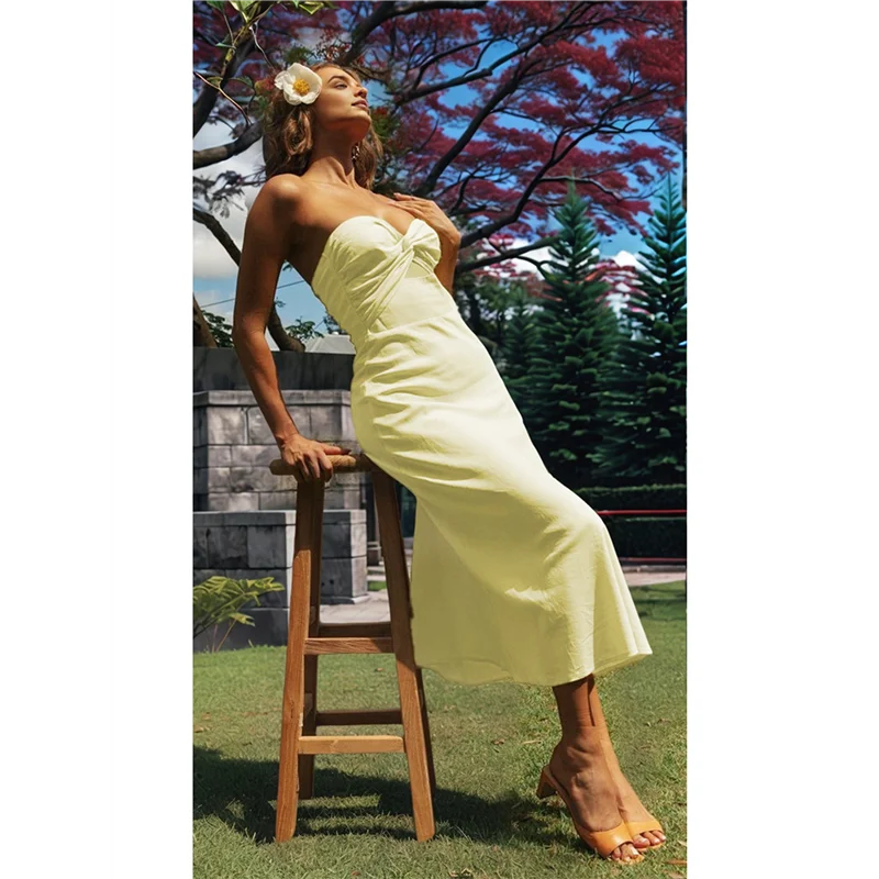 ABP-Twist Abiti midi con scollo a cuore senza spalline sul davanti per le donne Abito in lino con tubo ritagliato smock Invitato al matrimonio