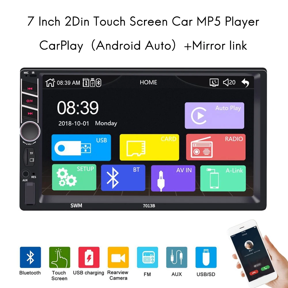 2 Din Carplay Android Auto Car Radio Universal 7 Inch for-Nissan Kia Toyota MP5 Player Touch Screen Without