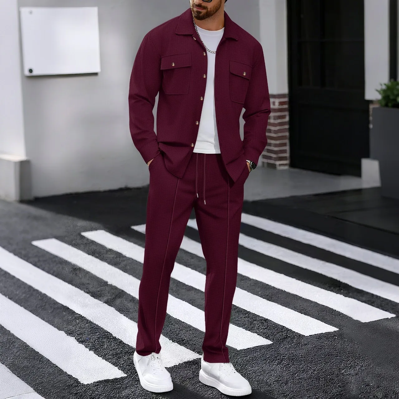 Autumn Winter Men's Waffle Lapel Outwear Tracksuits Double Pocket Cardigan Jacket And Pants Two Piece Set Outdoor Sports Outfit
