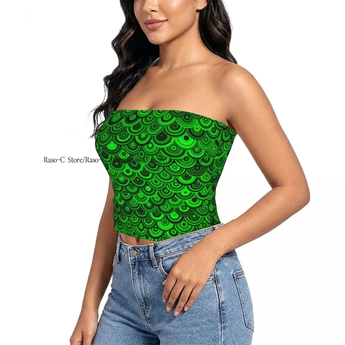 Strapless Sexy Tube Tops Summer Outfits Women Backless Shoulder Wrap Green Dragon Scales Fish Scale Female Crop Top
