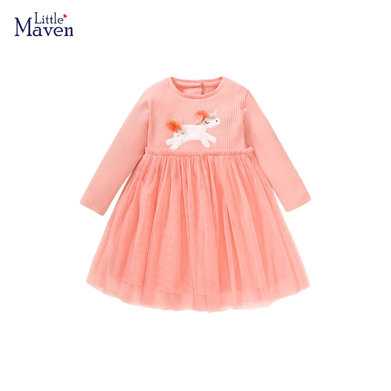 Little maven Clothes for Girls Dress Autumn Clothes Clothes Children\'s Clothing Cartoon Unicorn Long Sleeves Casual Mesh Dress