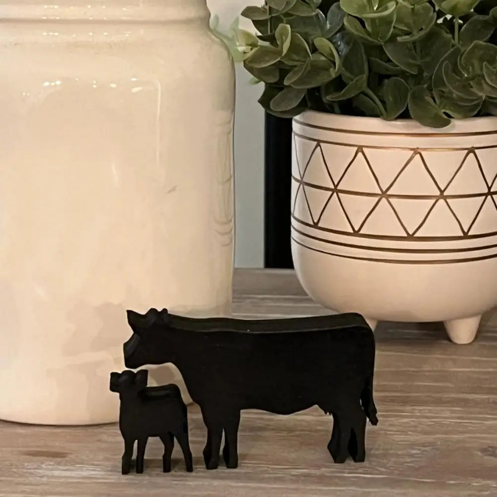 Natural Wood Decor Handcrafted Cow Statue Rustic Black Cow Wooden Decoration Farmhouse Cattle Sign for Home Office for Birthday