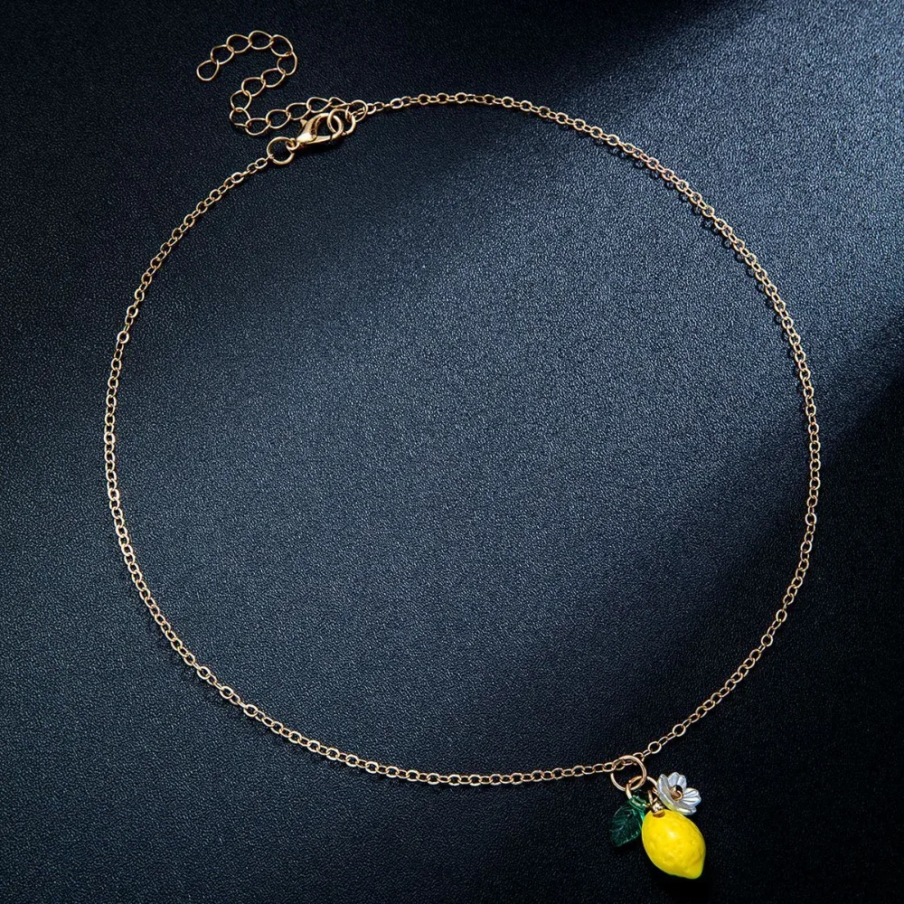 أزياء لطيف الفاكهة الصفراء الليمون زهرة صغيرة الورقة الخضراء قلادة سلسلة معدنية قابل للتعديل قلادة للنساء هدايا مجوهرات الصيف #2