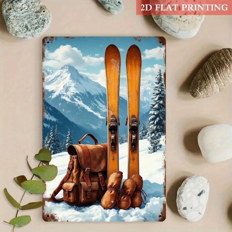 2D Flat, 1pc Vintage Ski Lodge Metal Wall Art Sign - Heavy-Duty Iron Rustic Alpine Ski Decor with Orange Skis, Backpack & Boots