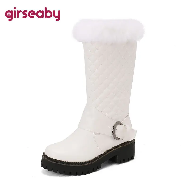 Girseaby Fashion Boots Winter Fur Warm Outside Antislip Pointed Toe Square Block Heels 6cm Zip Plus Size 44 45 46 Mid Calf Bota