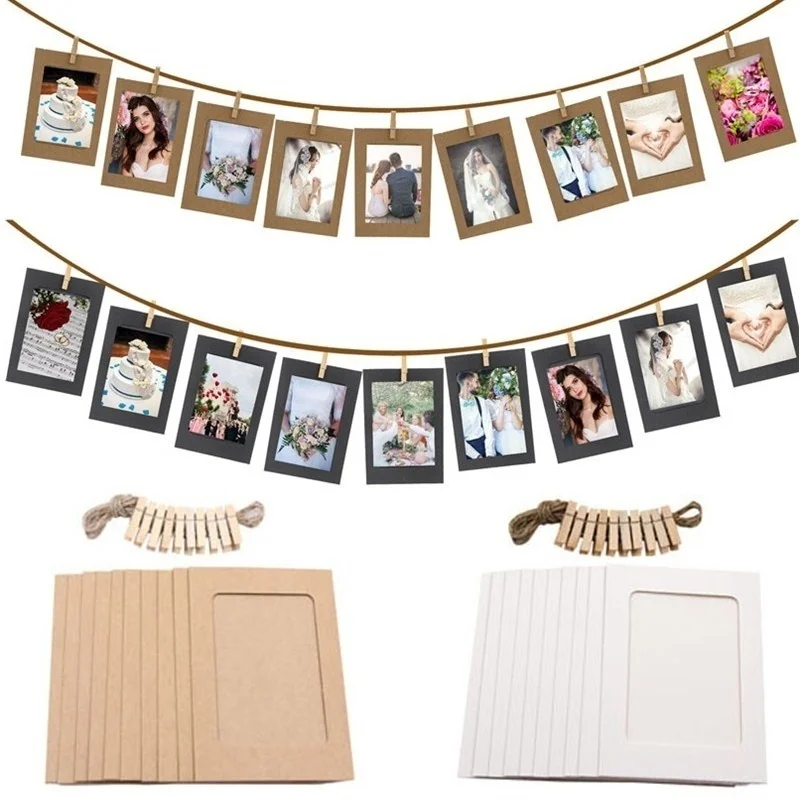 10 Pcs Combination Paper Frame with Clips DIY Kraft Paper Picture Frame Hanging Wall Photos Album Rope Home Decoration Craft