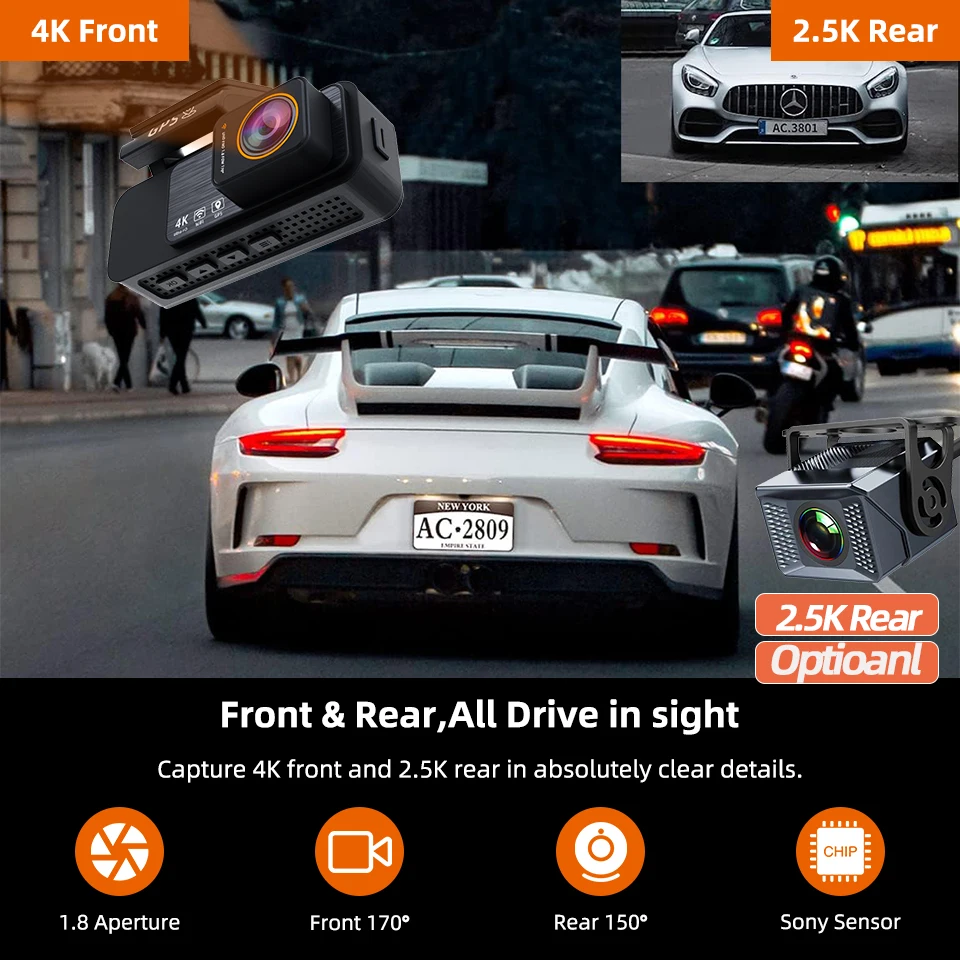 Acceo 4K Ultra HD Dash Cam 2160P Car Recorder Night Vision Optional 2.5K Rear Camera WiFi GPS Tracker Car Safety Camera for Auto