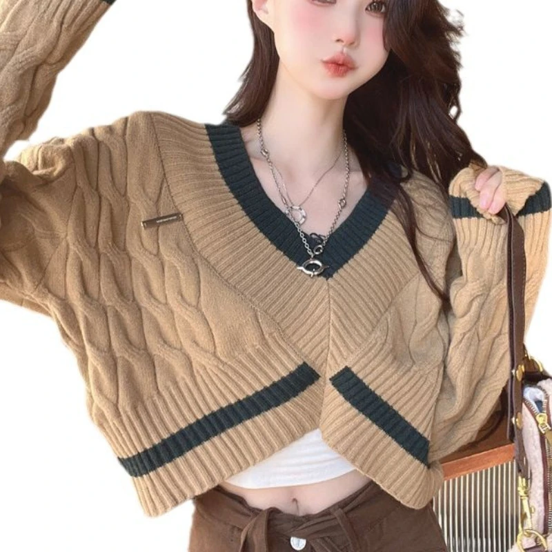 Maglione sexy per ragazza calda vento pigro maglione spesso T-shirt con scollo a V camicia di colore a contrasto autunno e inverno dolce abito da donna
