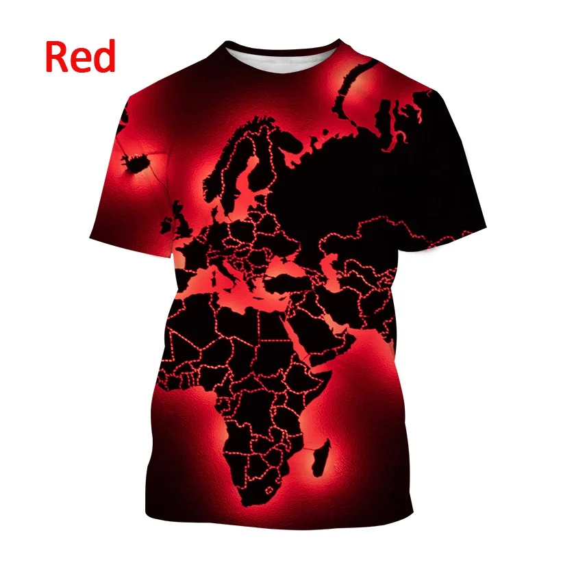 World Map 3D Printing Men\'s Short Sleeve T-Shirt World Map Plate Outline Design Men\'s and Women\'s Personality Short Sleeve Tops