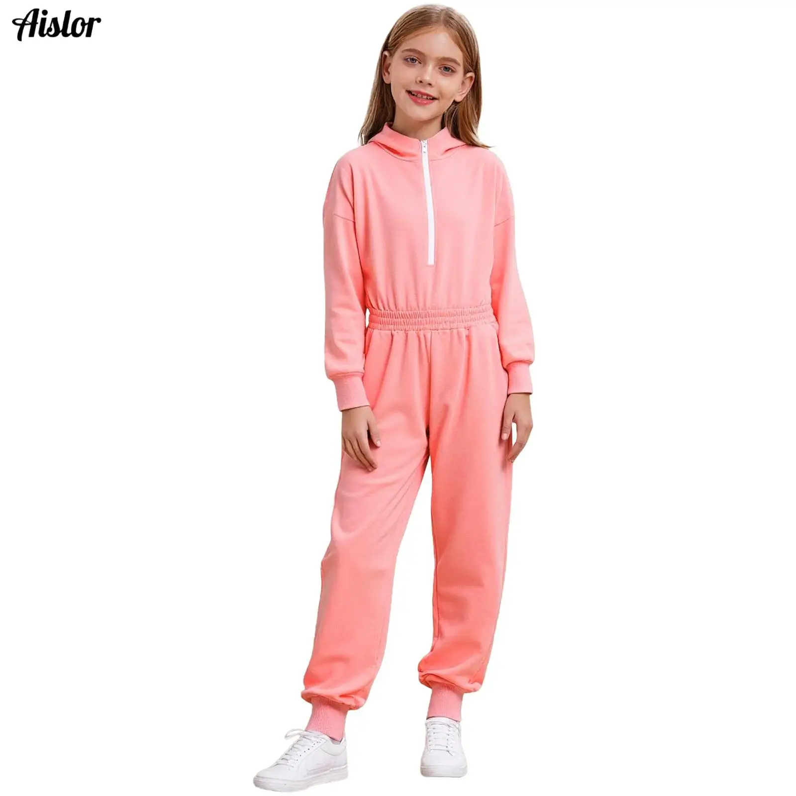 

Kids Girls Casual Hooded Jumpsuit Front Zipper Long Sleeve Elastic Waist Rompers with Pockets for School Holiday Picnic