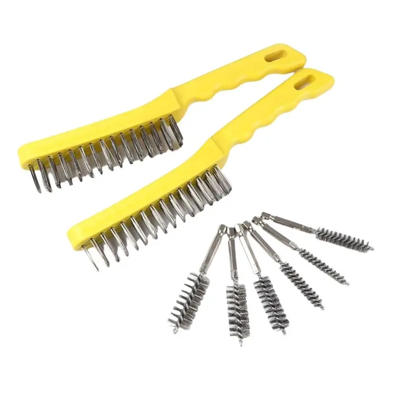 A36T-Wire Scratch Brush 8 Set, Stainless Steel 11 Inch With Handle Descaling Welding Dust Bending Hand Tool, Teel Brush