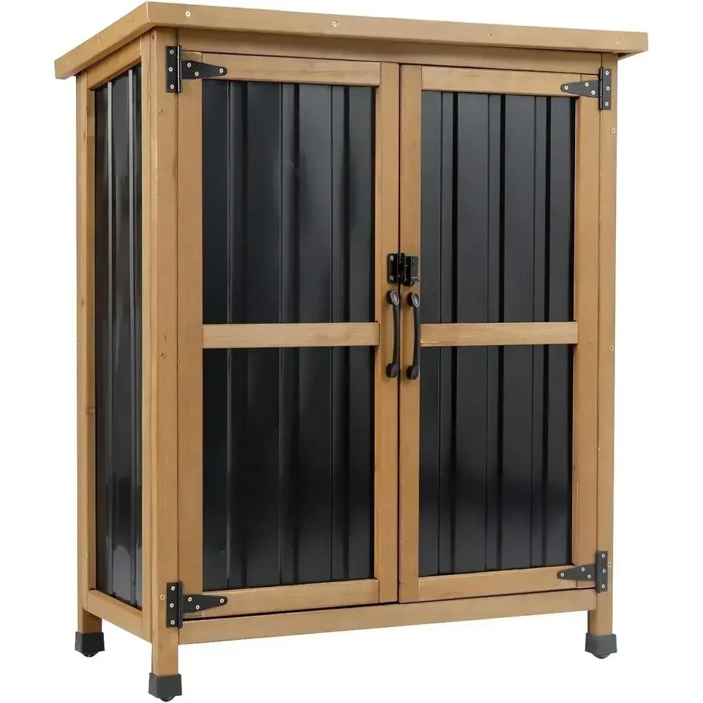 Weatherproof Wood and Metal Outdoor Storage Cabinet with Lockable Double Doors and Removable Shelves for Garden Tools