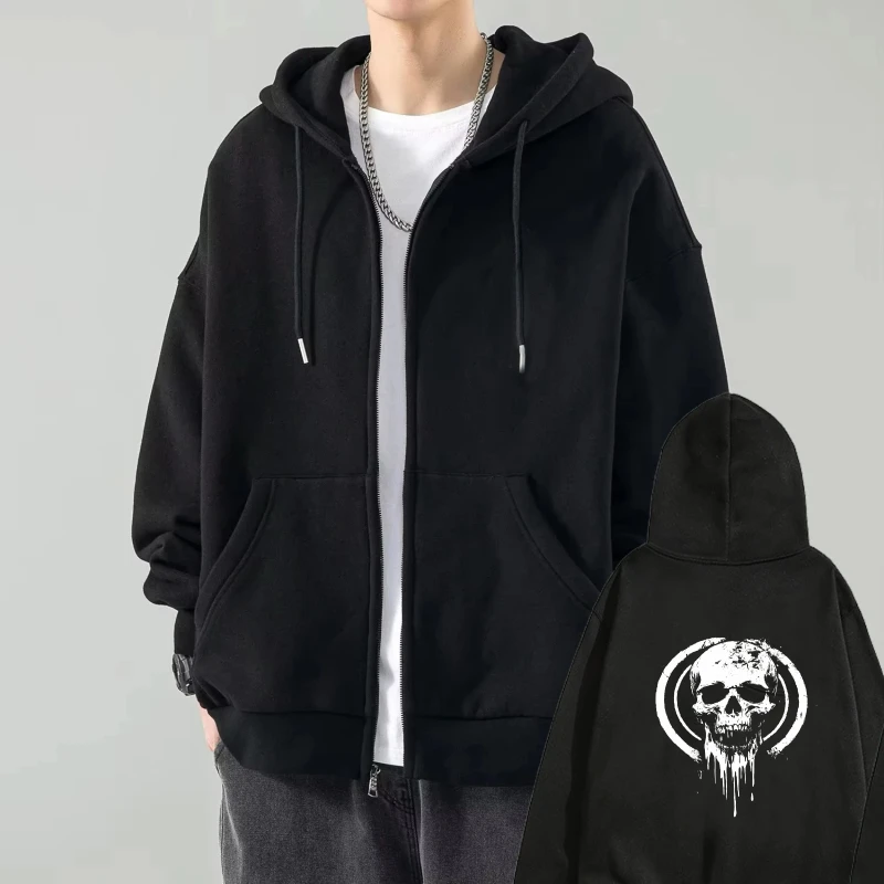 

Men's Hooded Jacket Black Skull Print Zip-Up Sweatshirt Streetwear Casual Outdoor Wear for Men