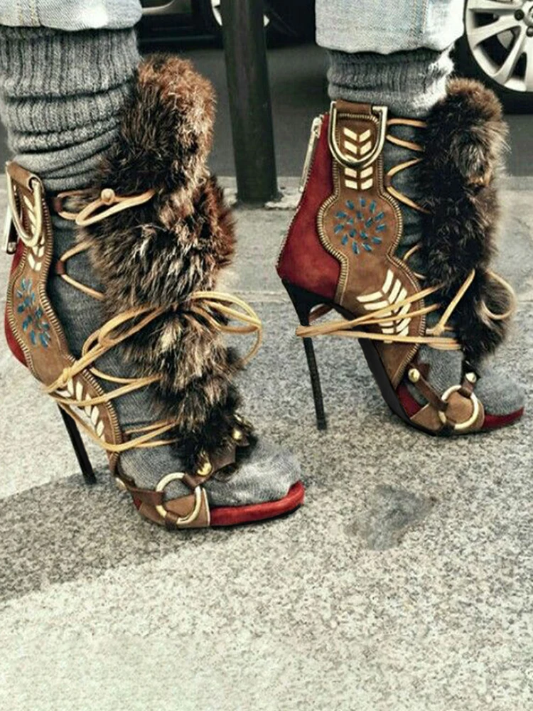 GMQM Women's High Heel Short Boots Open-Toe Zip Lace-Up Plush Strap Sandals Trendy Fashion Show Footwear Lady Cowboy Brown Pumps