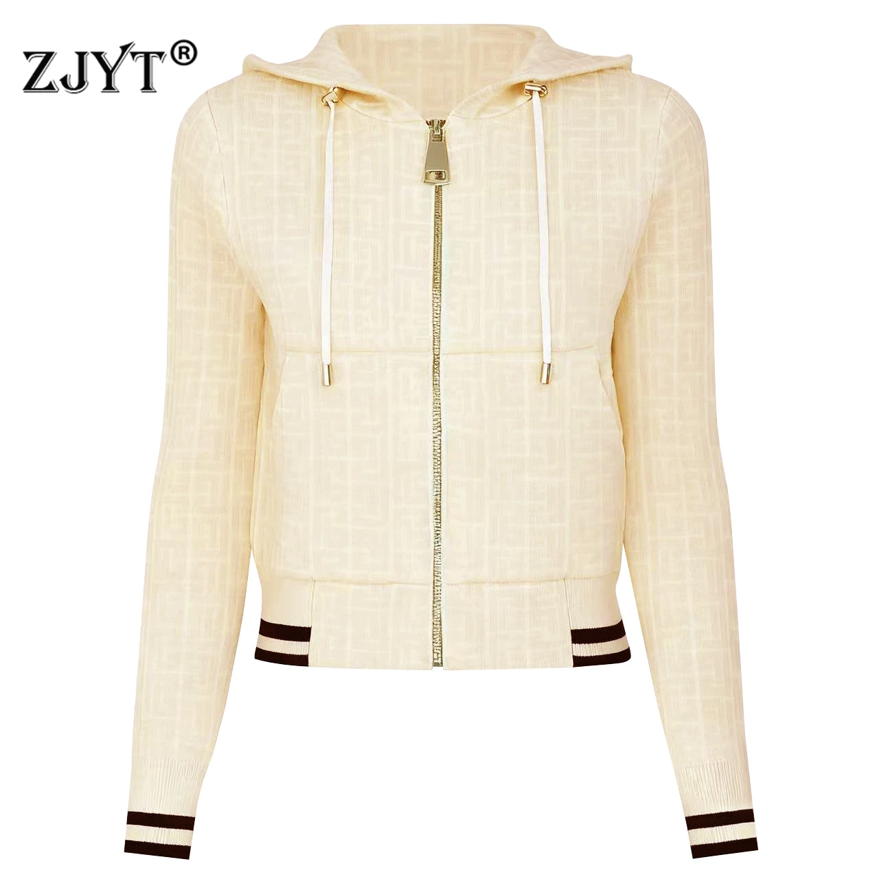 

ZJYT Autumn Winter Geometric Hooded Neck Zipper Cardigans Sweaters Long Sleeve Top Elastic Waist Wide Leg Pants Casual Outfit