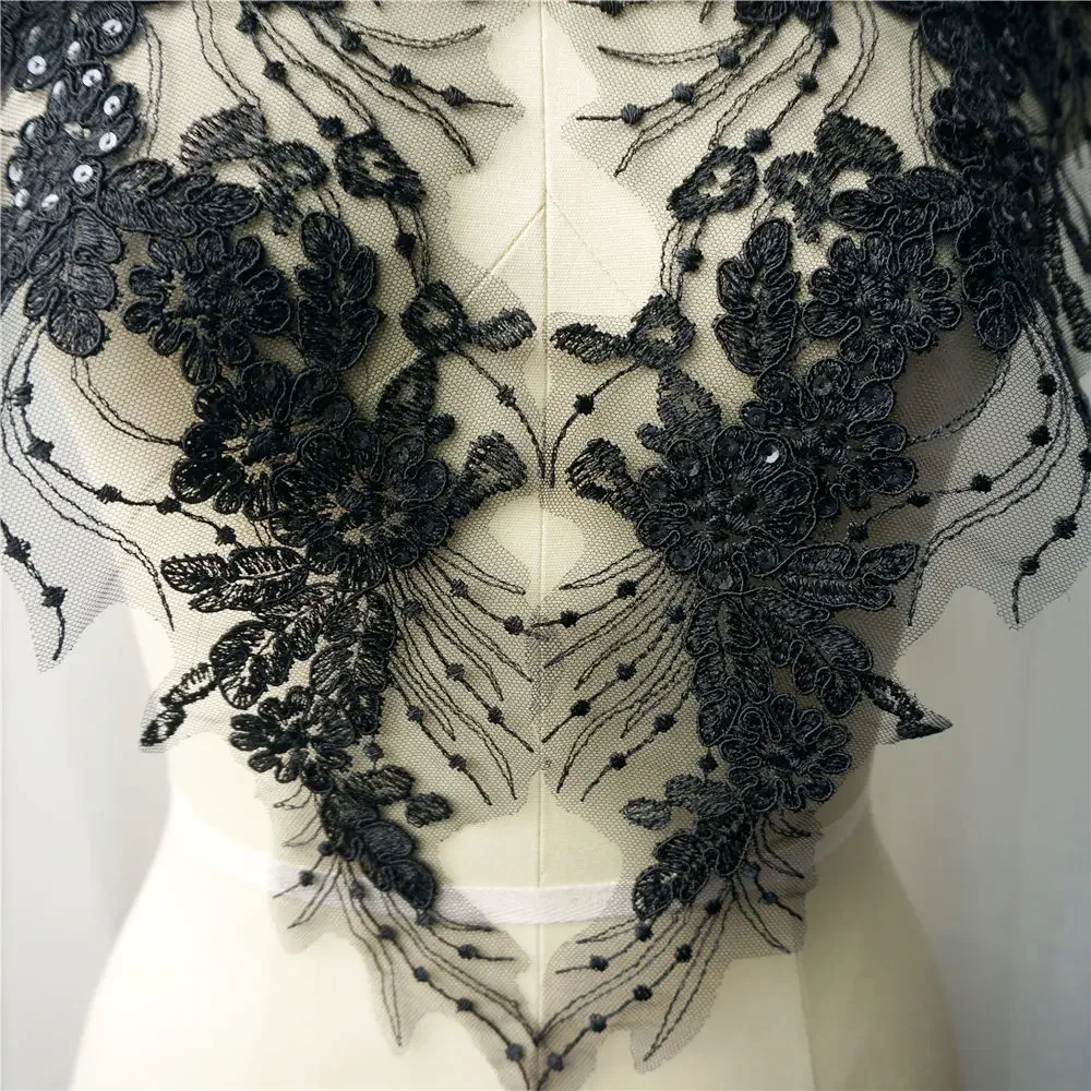 2PCS Black Sequin Flower Tassel Wedding Gown Appliques Lace Fabric Embroidered Trims Collar Mesh Sew Patch For Dress DIY Decor