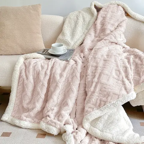 Winter Solid Jacquard Taffeta Blanket Thick Warm Coral Fleece Nap Blanket for Office Living Room Sofa Cover for Single Queen
